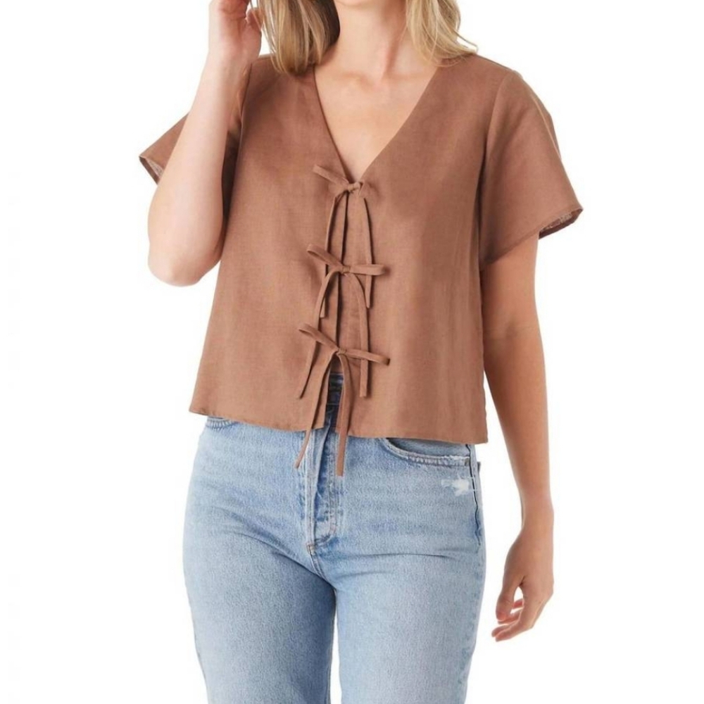 Crosby By Mollie Burch Fallon Top in Driftwood Brown Tie Linen Dainty